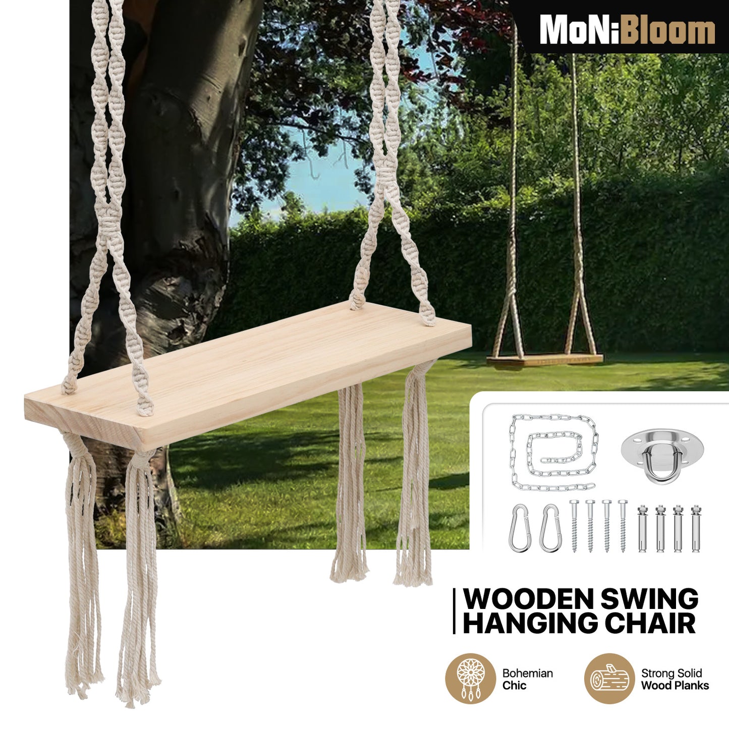 Swing Flat Bench - Adjustable Rope Hanging Seat with Tassels - Pine Wood