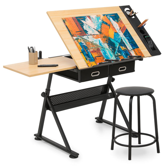 Drafting Table - 61" Natural desktop with black frame, 2 black drawers, with black stool