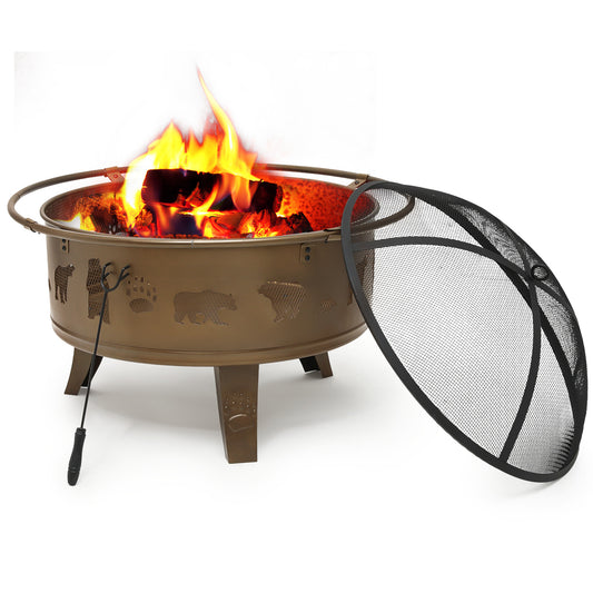 32" Bear Pattern Round Fire Pit w/Poker & Spark Screen