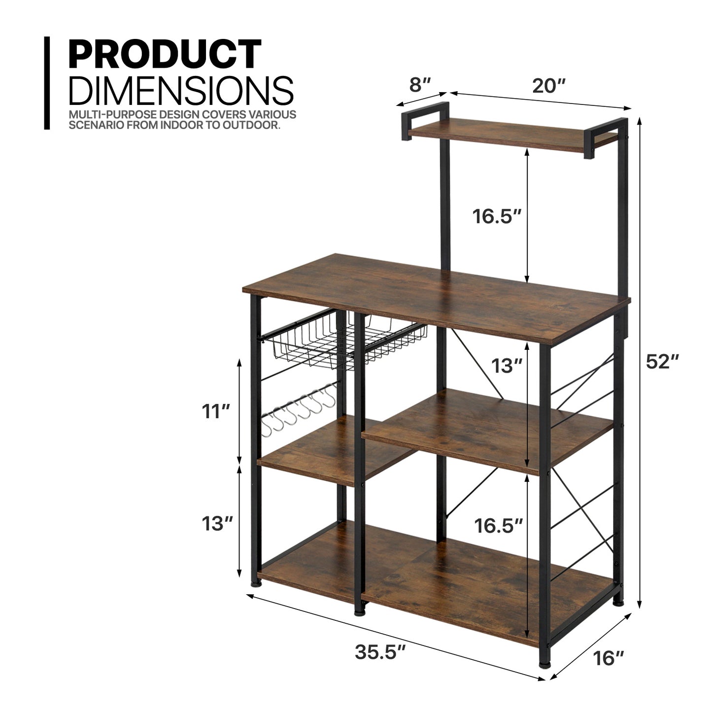 Kitchen Baker's Rack 35.5"x16"x52" - with Movable Basket