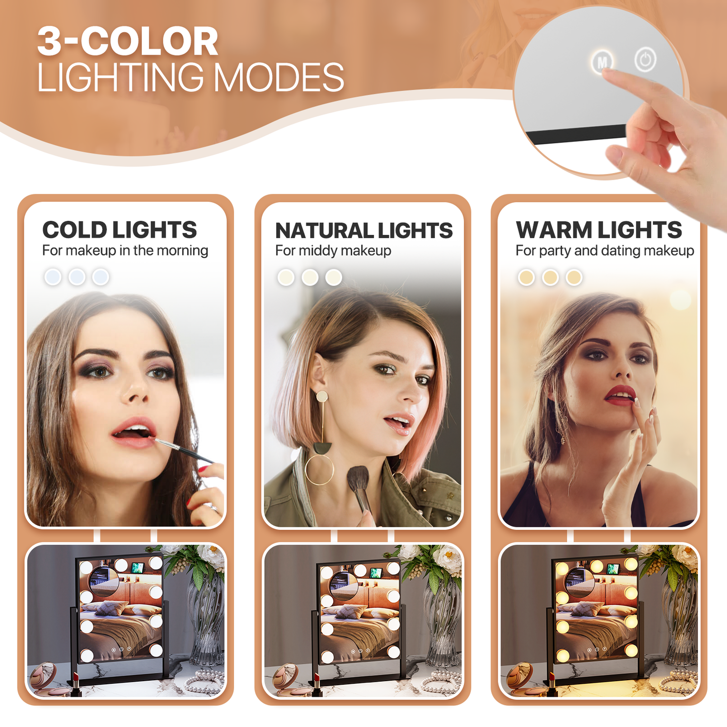 Rectangle 9 LED Plastic Bulb Vanity Mirror -  3 Color Lighting Mode - Brightness Adjustable - w/Detachable 5X Magnification Mirror