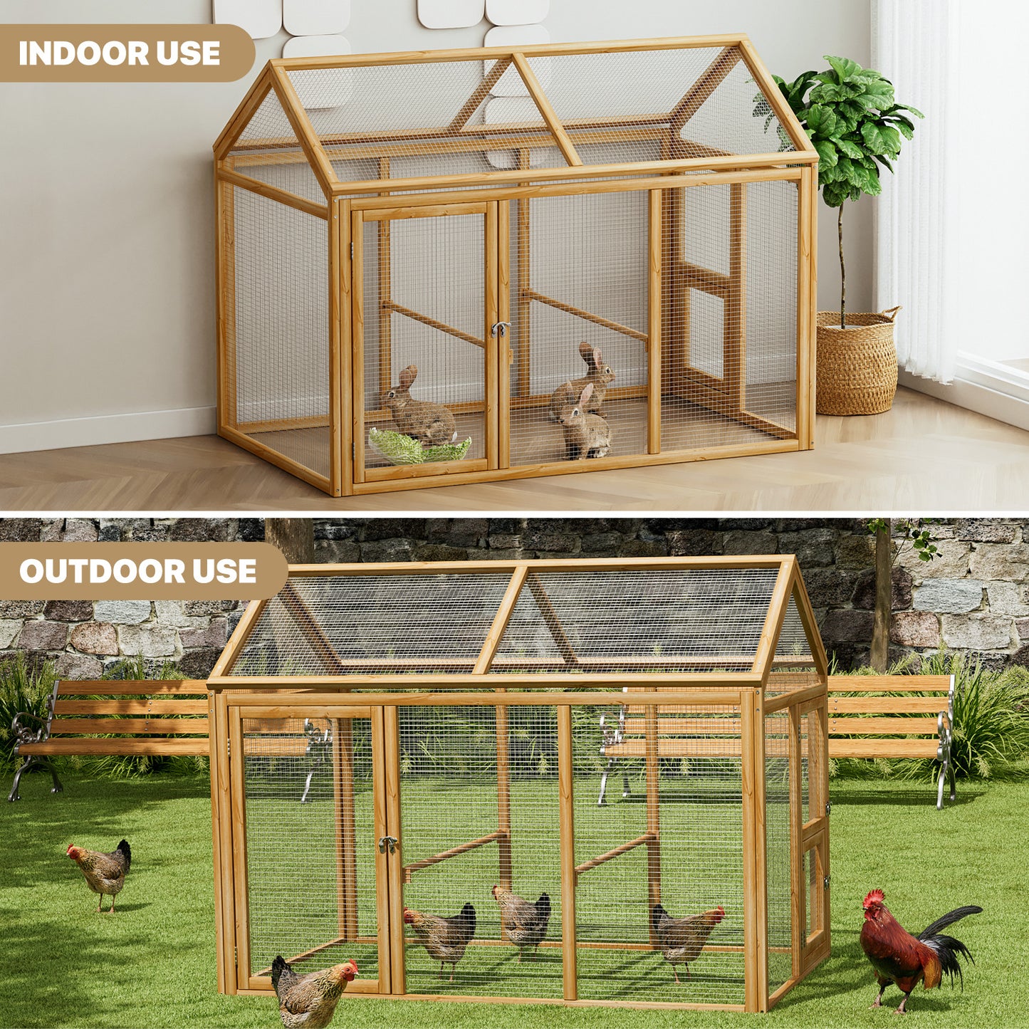 Chicken Coops Wooden Rabbit Hutch Hen House Spire Shaped Pet Cage w/Secure Lock