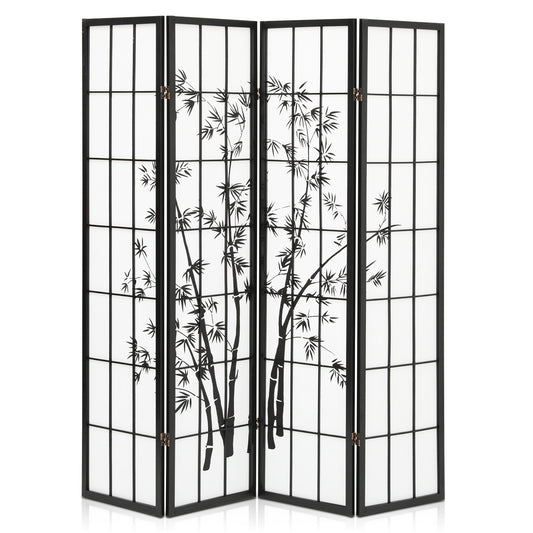 4-Panel Flower Painting Room Divider - Black