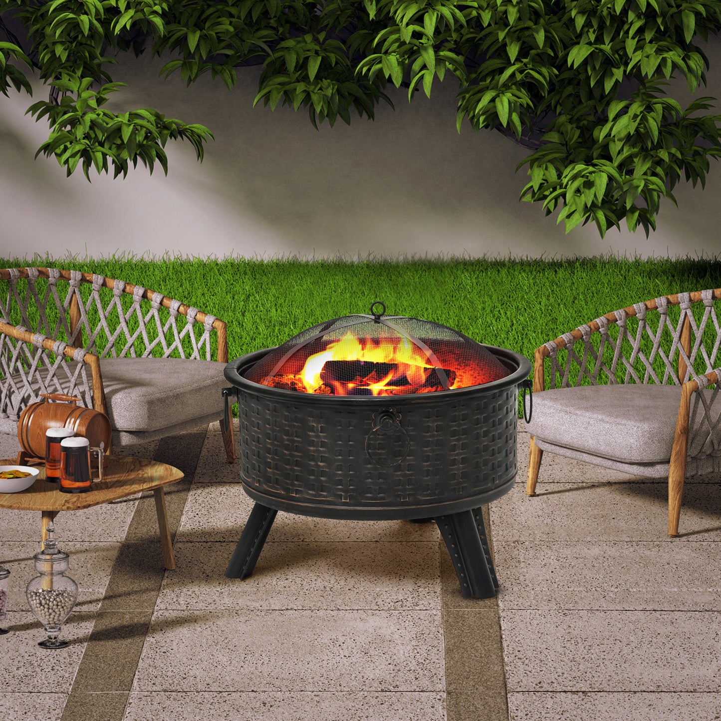 26" Round Fire Pit w/Poker & Spark Screen