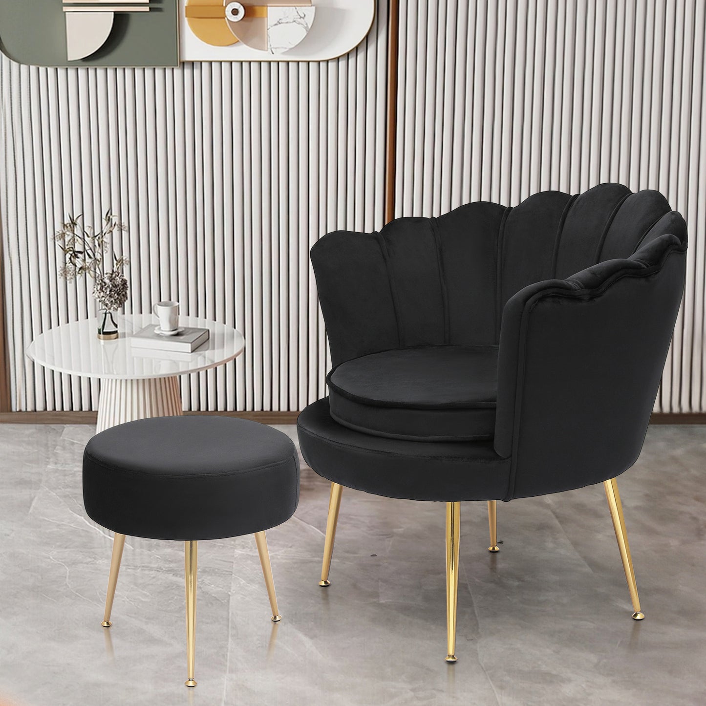 Velvet Upholstered Vanity Accent Chair Armchair w/Footrest - Scalloped Back