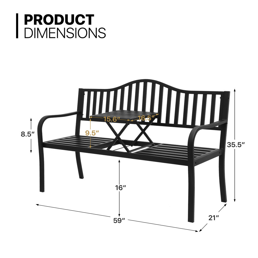 59" Iron Patio Garden Bench - with Adjustable Table - Vertical Bar Pattern