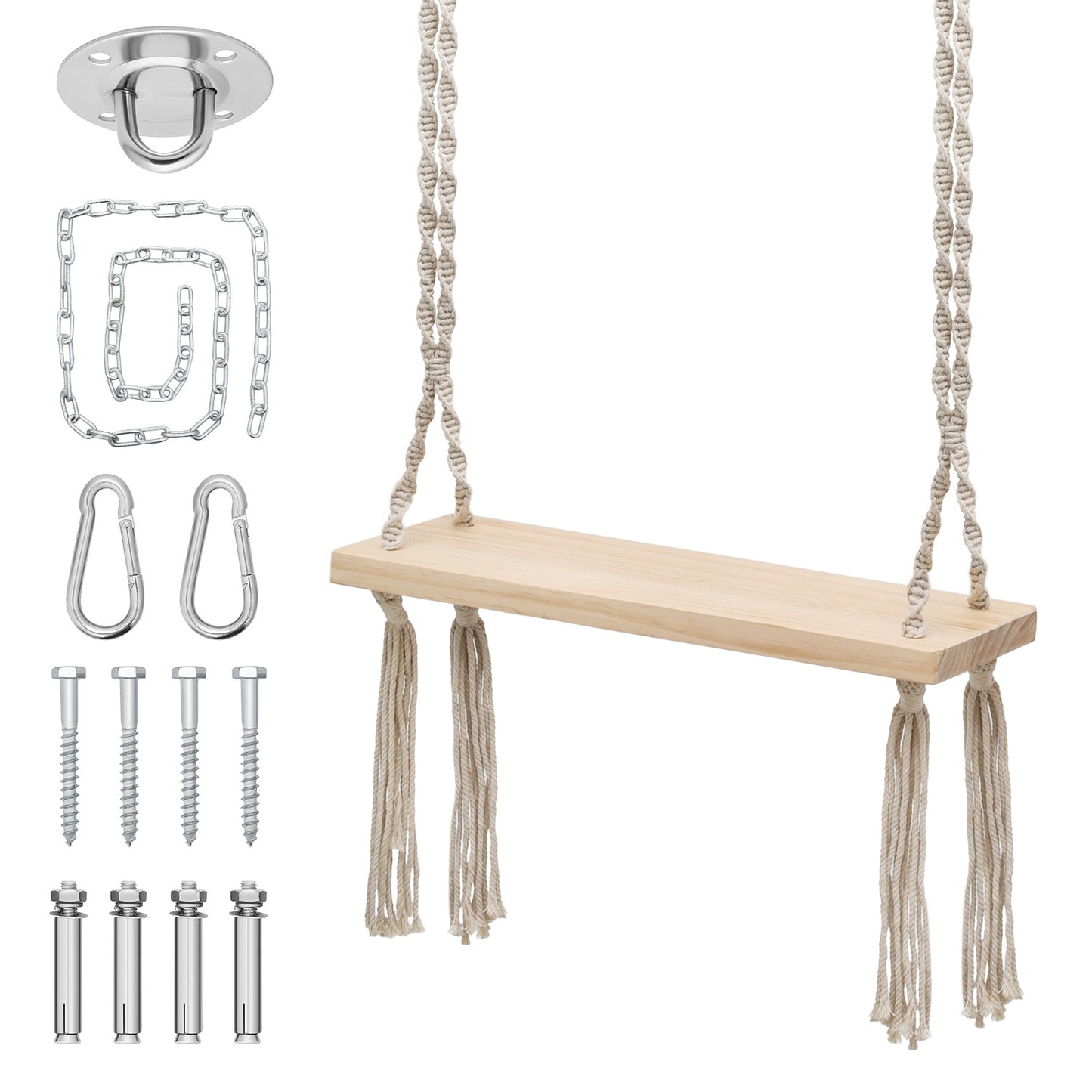 Swing Flat Bench - Adjustable Rope Hanging Seat with Tassels - Pine Wood