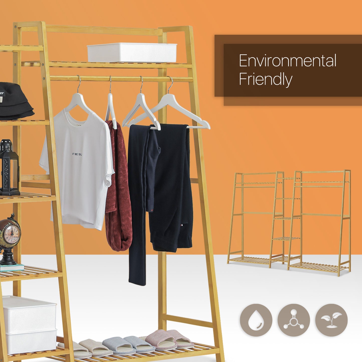 Trapezoid Garment Cabinet Clothes Organizer - Double Rack - Natural