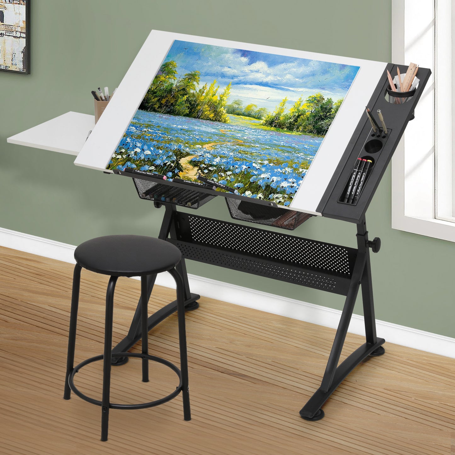 Drafting Table - 61" White desktop with black frame, 2 mesh drawers, with black stool