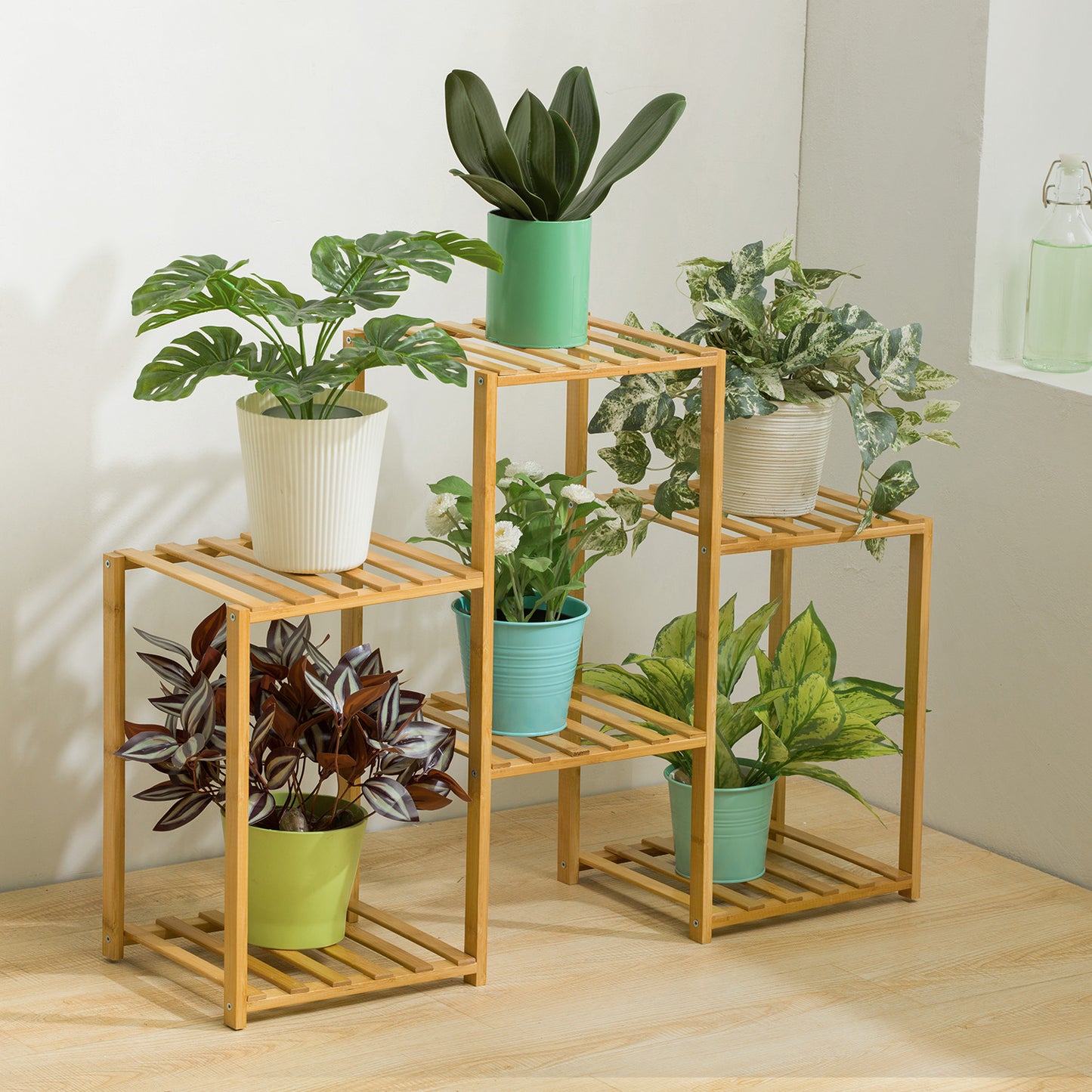 Flower Plant Stand Display Shelf - 6 Potted Plant Holder - Natural