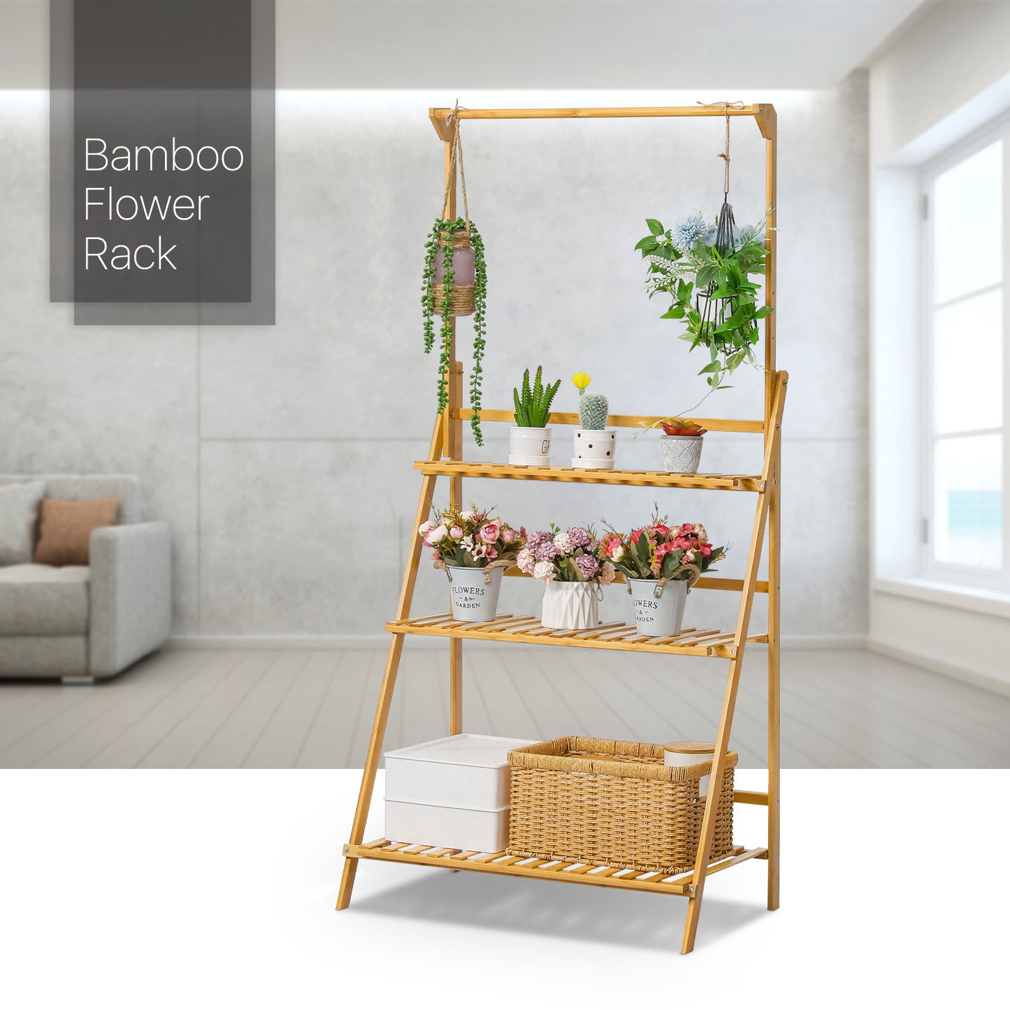 Foldable Flower Plant Rack - A Frame Stand Shelf - with Top Hanging Rod - 3 Tier - Natural