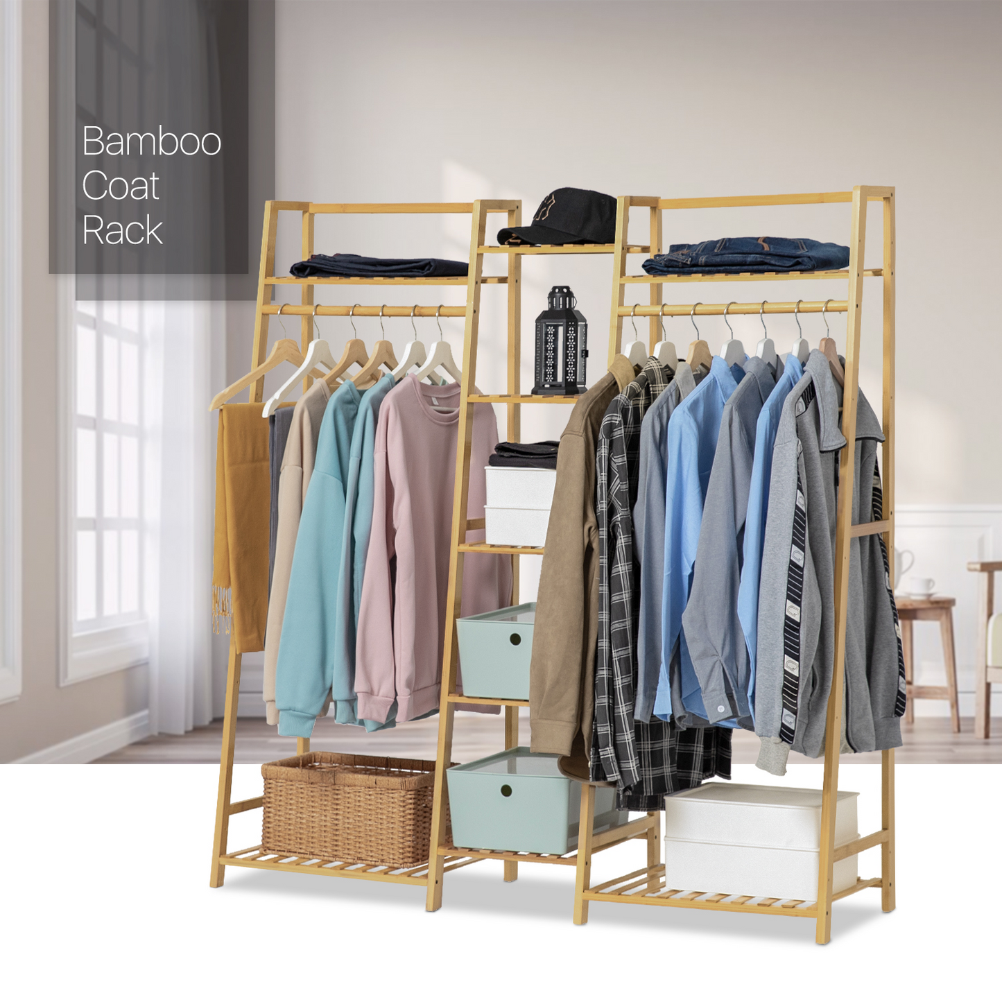 Trapezoid Garment Cabinet Clothes Organizer - Double Rack - Natural
