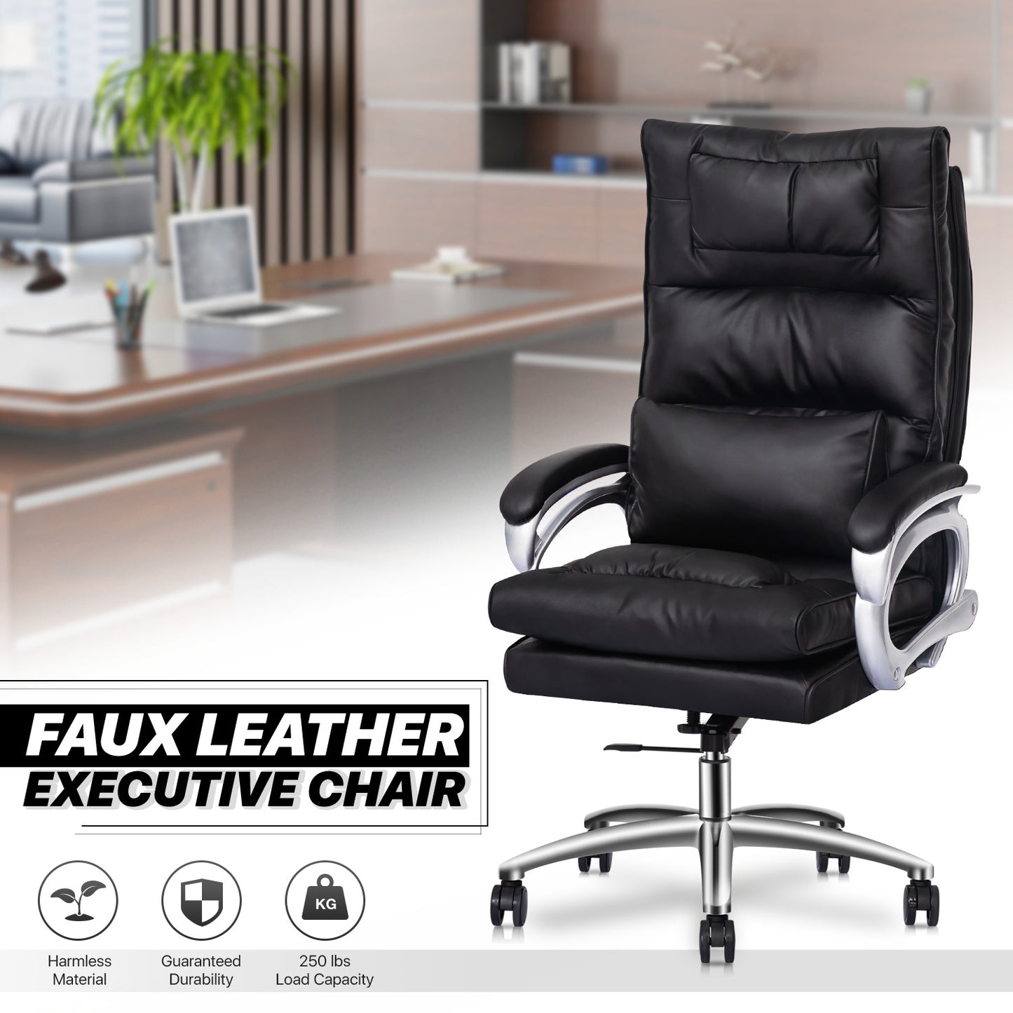Faux Leather Executive Chair with Lumbar Support - 29" x 47" Studded Mat Set