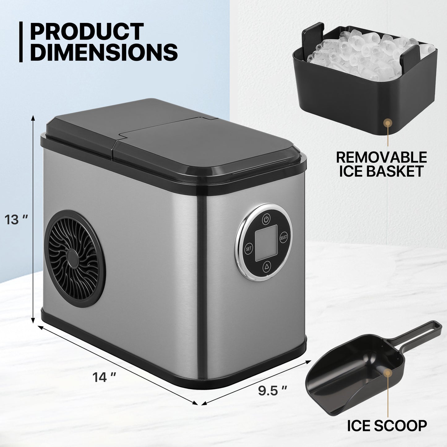Ice Maker Machine - 1.8L Storage Tank - Bullet Shape - 26lbs/ 24hrs - with Scoop