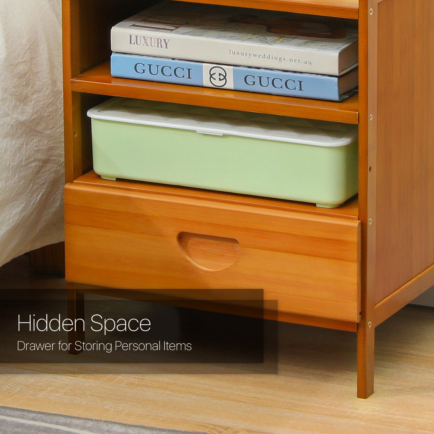 Bedside Cabinet Storage Shelf Nightstand - 2 Tier - with Single Drawer