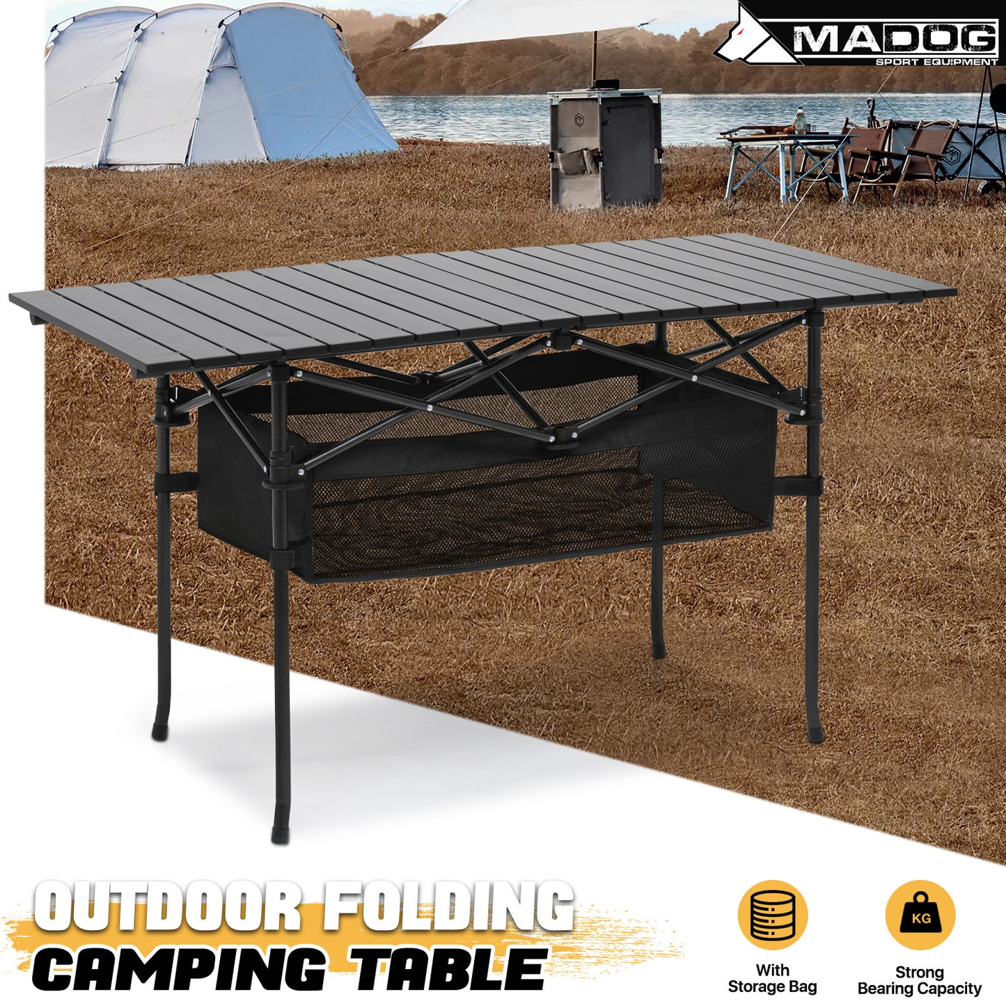 Folding Camping Table 46.5"x21.5"x26" - with Extra Storage Space