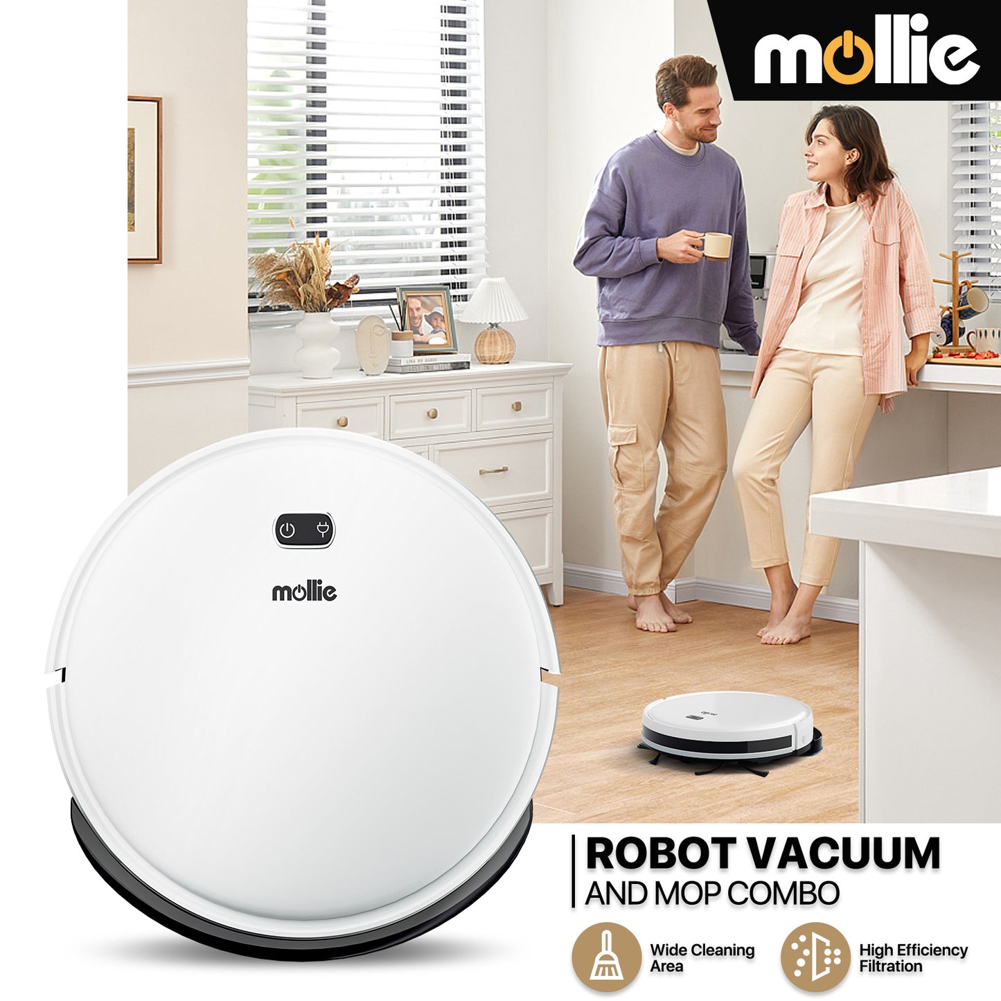 Robot Vacuum - 500ml Dustbin - 150ml Water Tank - w/Dry Mop+Remote Control - White