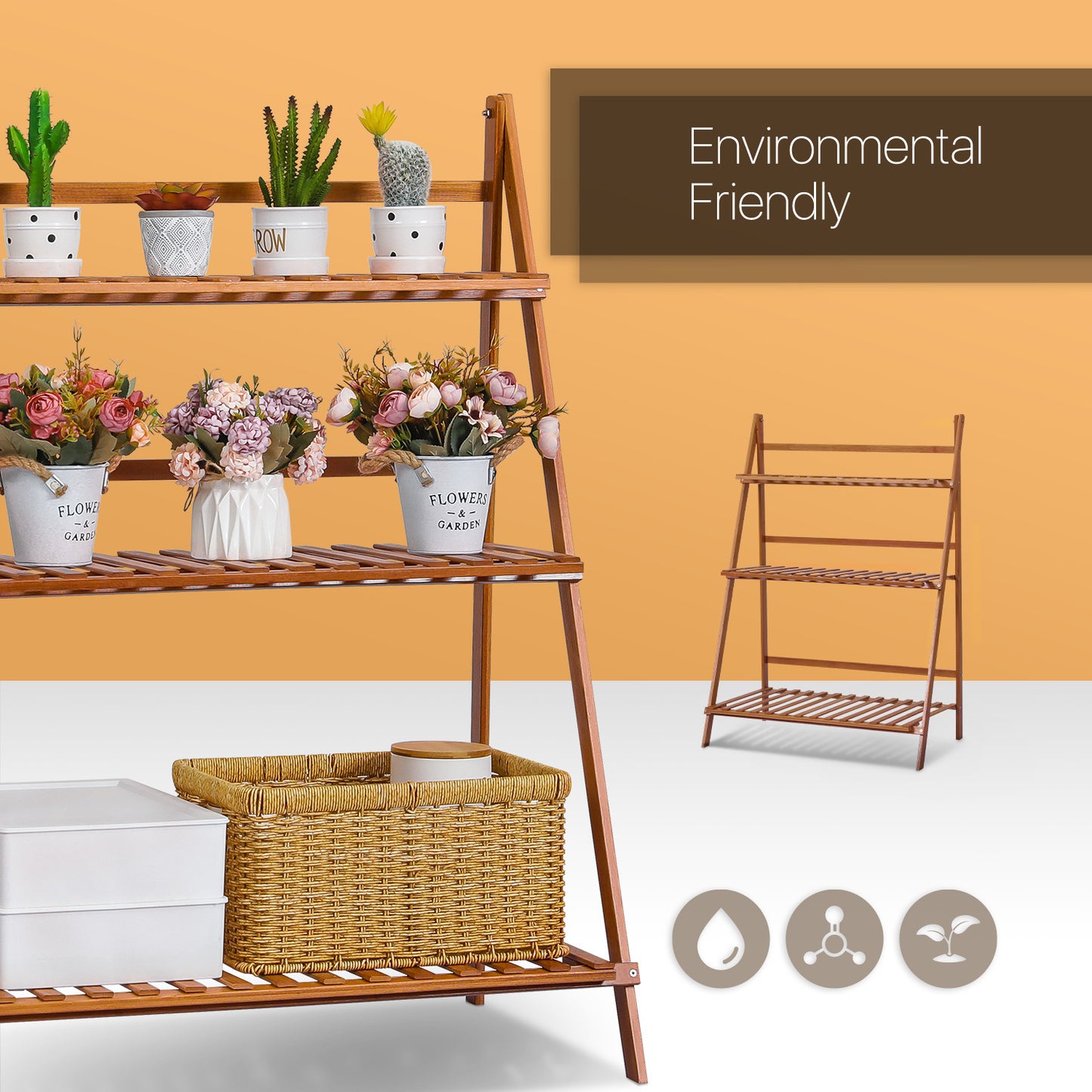 Foldable Flower Plant Rack - A Frame Stand Shelf - 3 Tier - Brown